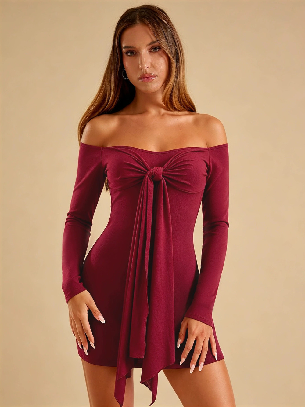 ZARA Off Shoulder Twist Knot Tie Front Waist Cinch Slimming Bodycon Short Dress